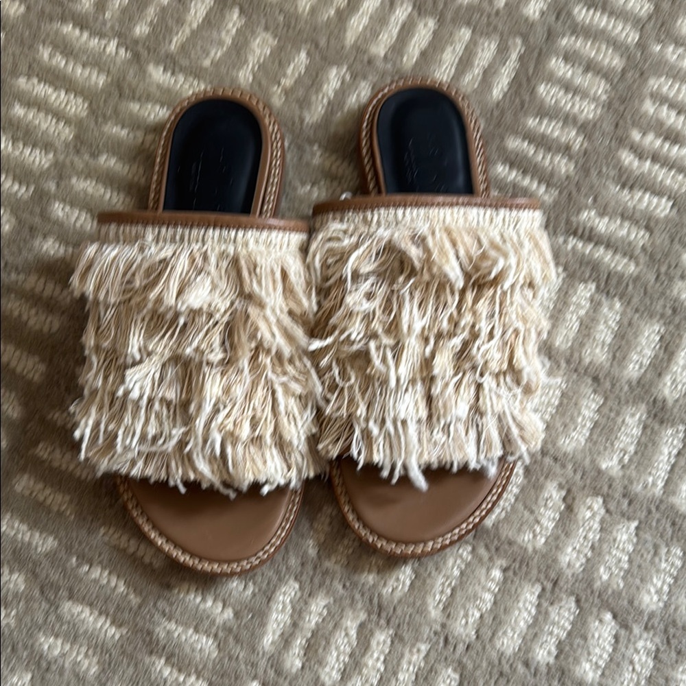 Tibi Fringe Leather Slide Sandals in Cream and Tan